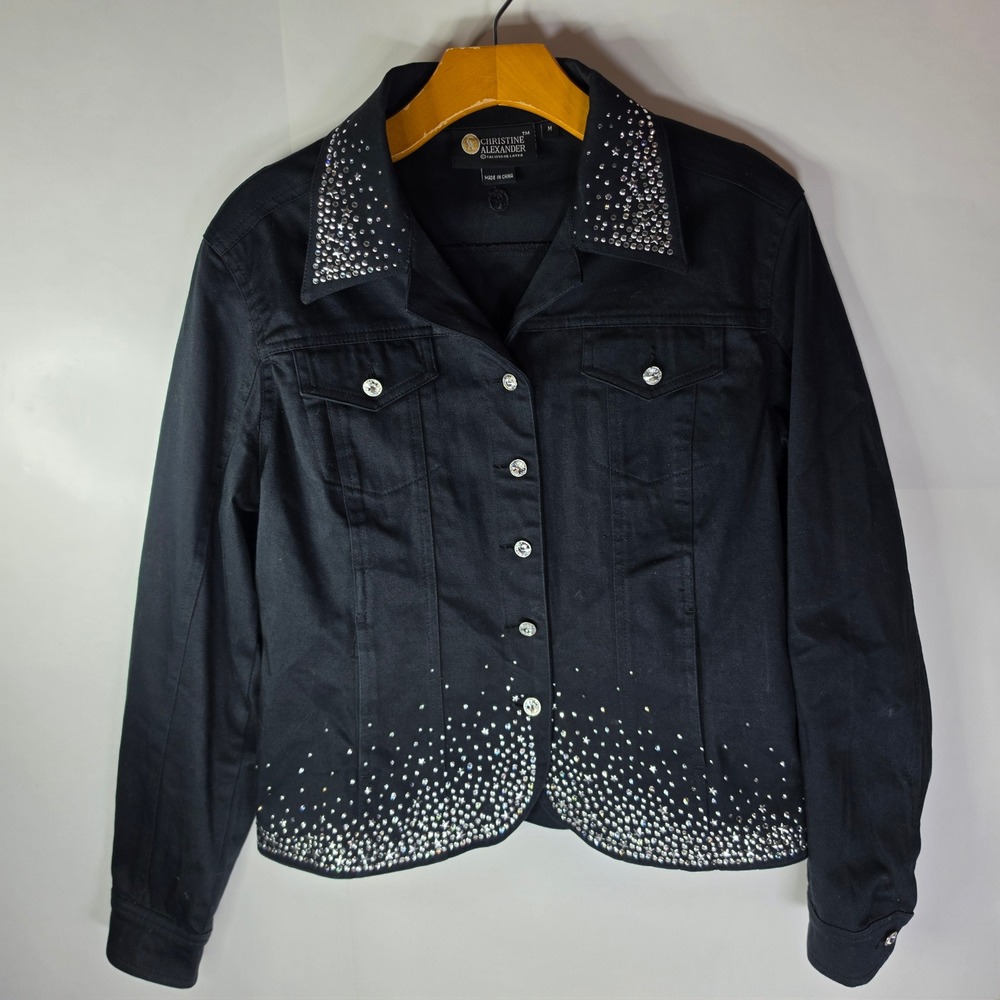 Christine Alexander Black Denim Jacket Rhinestone Bling Western Y2K Medium